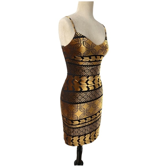 NWT NICHOLE MILLER BLACK/BRONZE VELVET BURNOUT AZTEC PRINT SPAGHETTI STRAP DRESS - Picture 4 of 16